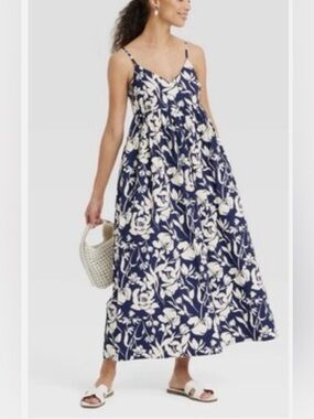 Navy & White Floral Maxi Dress with Spaghetti Straps